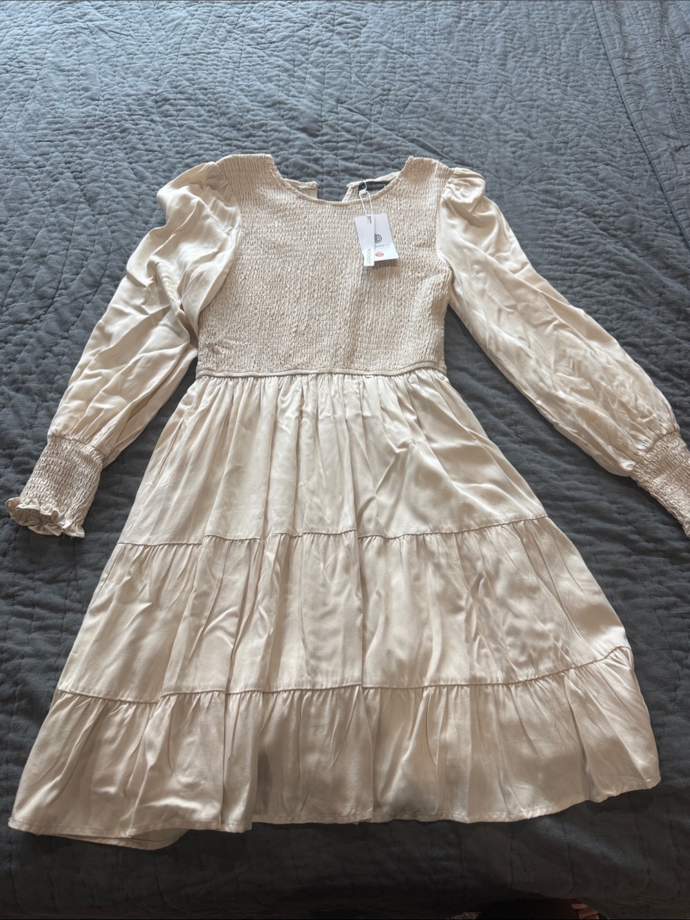 Girls Cream Long-Sleeve Smocked Bodice Tiered Dress